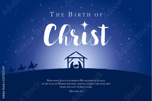 Merry Christmas, birth of Christ banner. Nativity scene of baby Jesus in the manger with Mary and Joseph in silhouette, surrounded by star, three wise men on camels and bible text. Vector illustration