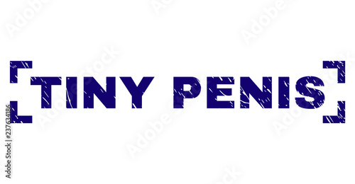 TINY PENIS text seal imprint with corroded style. Text title is placed inside corners. Blue vector rubber print of TINY PENIS with corroded texture.