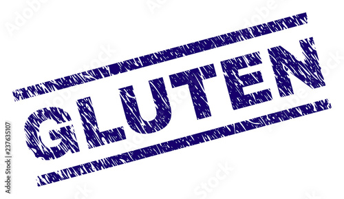 GLUTEN seal print with distress style. Blue vector rubber print of GLUTEN label with unclean texture. Text label is placed between parallel lines.