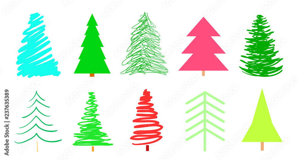 Fototapeta premium Colorful christmas trees on white. Set for design on isolated background. Geometric art. Objects for polygraphy, posters, t-shirts and textiles. Colored illustration