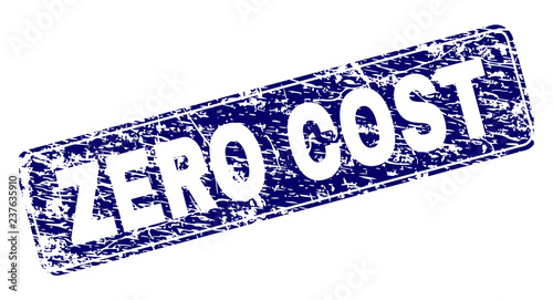 ZERO COST stamp seal print with distress style. Seal shape is a rounded rectangle with frame. Blue vector rubber print of ZERO COST label with unclean style.