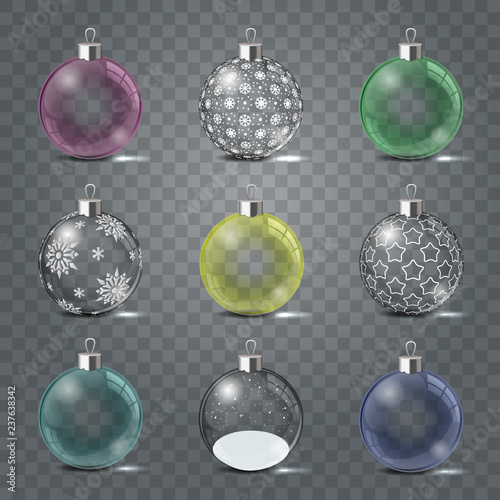 Glass Christmas toys set on a transparent background. Template shiny toy with silver glow. Vector illustration. Isolated object.