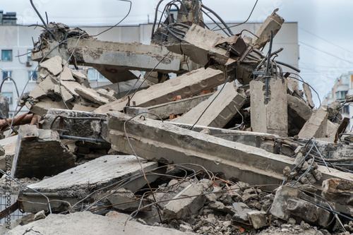 reinforcement and pieces of metal, sorted after the destruction of the building