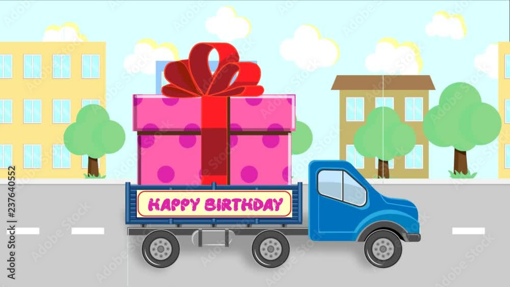 Truck carries a gift for a birthday, going around the city. Rendering illustration set Truck carries a gift for a birthday, going around the city. Rendering illustration set
