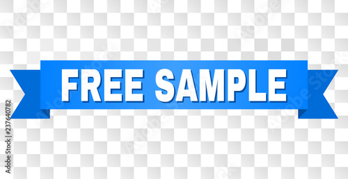FREE SAMPLE text on a ribbon. Designed with white caption and blue stripe. Vector banner with FREE SAMPLE tag on a transparent background. photo