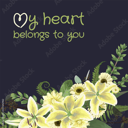 Wedding floral invitation, invite card. Vector watercolor , green forest leaf, fern, branches, buxus, eucalyptus. Flowers of white lily, gerbera, dahlia. Text decorating