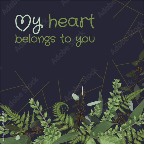 Wedding floral invitation, invite card. Vector watercolor , green forest leaf, fern, branches, buxus, eucalyptus. Flowers of white lily, gerbera, dahlia. Text decorating on blue background