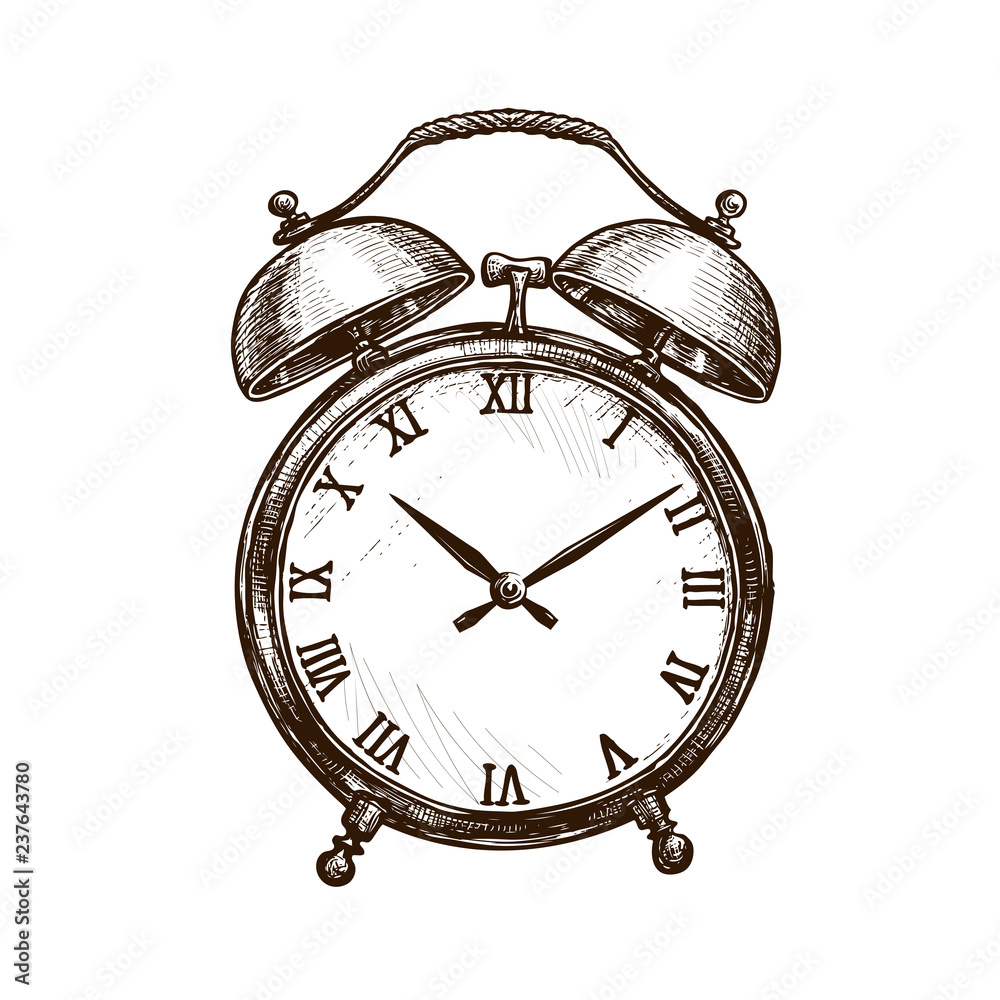 Vintage alarm clock. Time concept. Sketch vector illustration