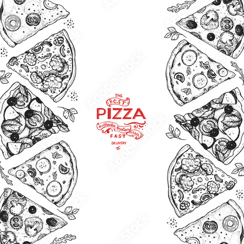 Italian pizza top view . Italian food menu design template. Vintage hand drawn sketch, vector illustration. Engraved style illustration. Pizza label for menu.
