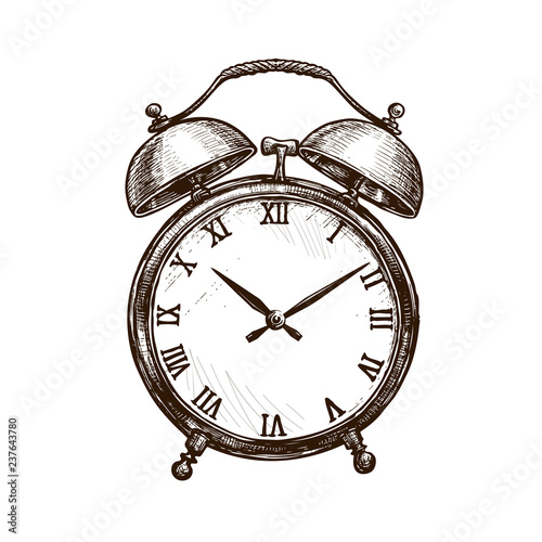 Vintage alarm clock. Time concept. Sketch vector illustration