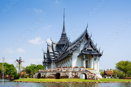 Amazing view of beautiful Sanphet Prasat Palace with reflection in the water. Location  Ancient City Park  Muang Boran  Samut Prakan province   Bangkok  Thailand. Artistic picture. Beauty world.