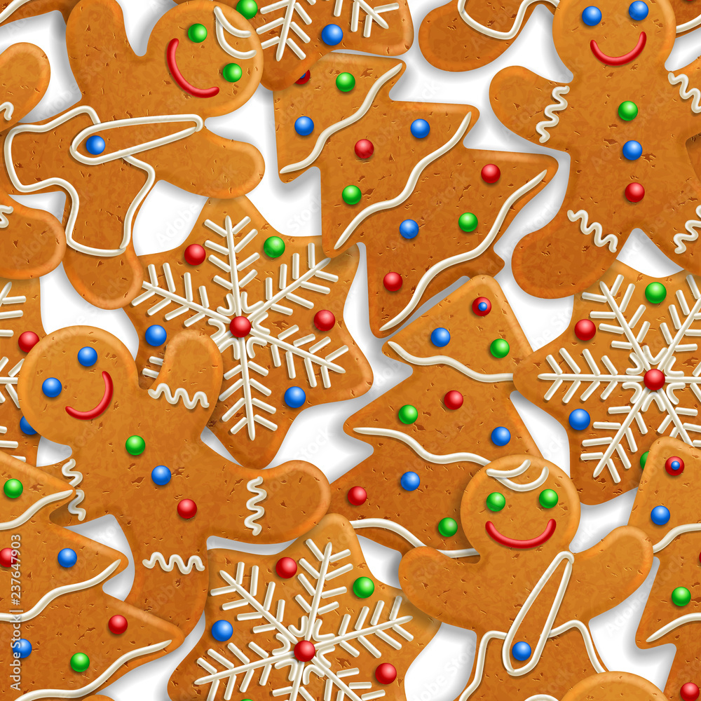 Vector seamless background with realistic christmas gingerbread mans, decorated with icing, on white background Vector seamless background with realistic christmas gingerbread mans, decorated with icing, on white background