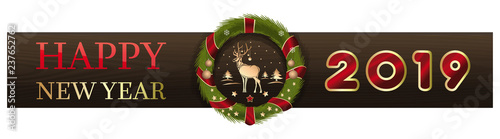 Design for the New Year 2019. Christmas wreath on the background of wooden boards and greeting inscriptions. Merry Christmas and Happy New Year. Vector illustration