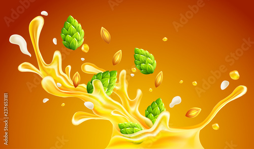 Craft Beer with hops and seeds of wheat falling in splash drink