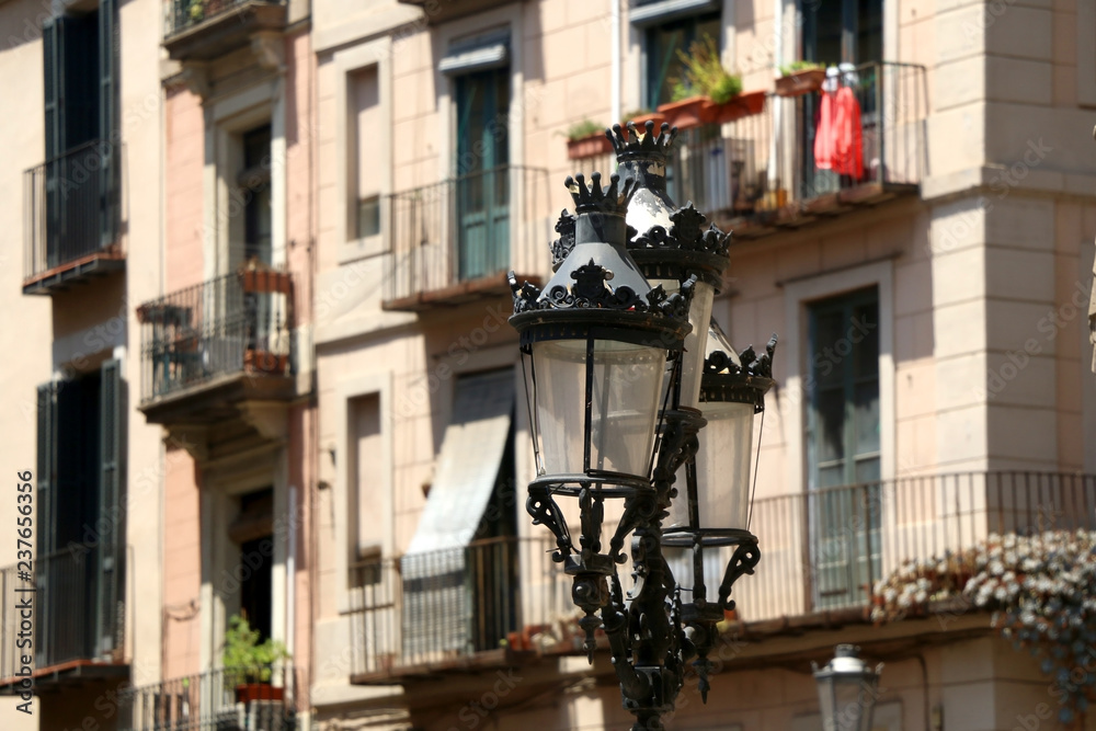 Colorful facades and streets of Barcelona, Spain.