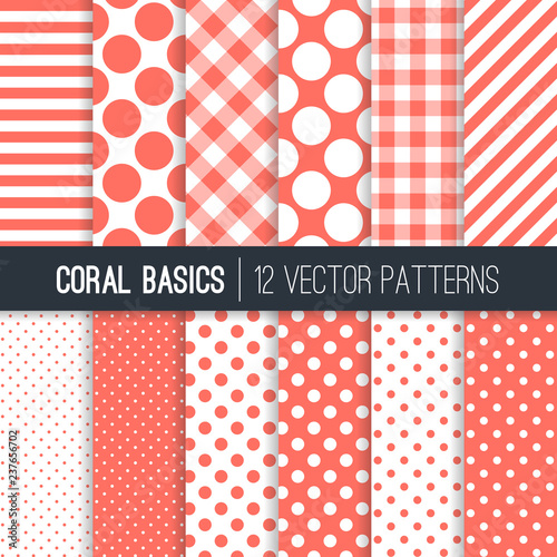 Living Coral Gingham Check Plaid, Polka Dot and Candy Stripes Vector Patterns. 2019 of the Year. Modern Geometric Backgrounds. Pattern Tile Swatches Included.