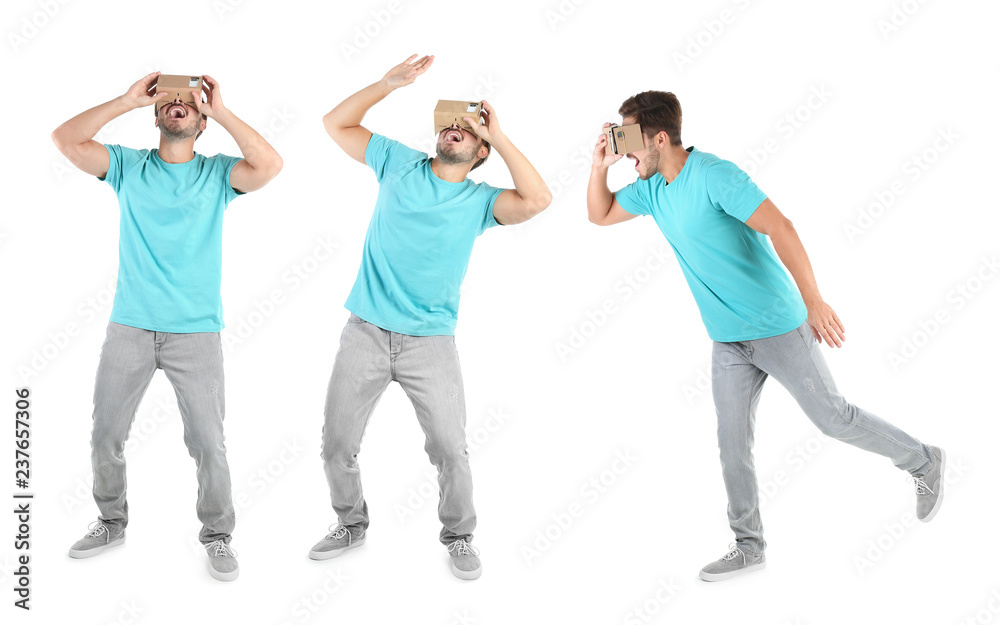 Set with man using cardboard virtual reality headset on white background Set with man using cardboard virtual reality headset on white background