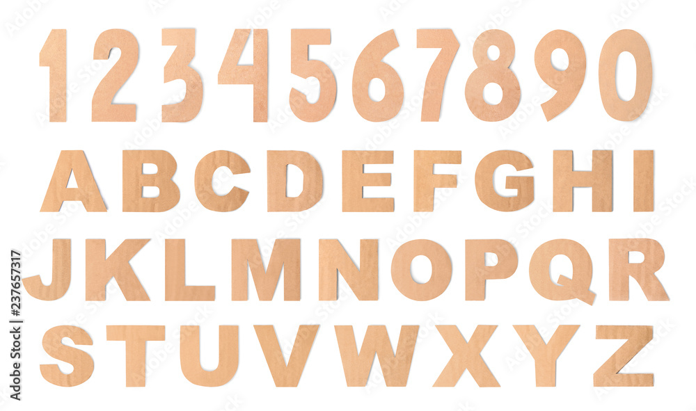 Cardboard alphabet and Arabic numerals on white background Cardboard alphabet and Arabic numerals on white background