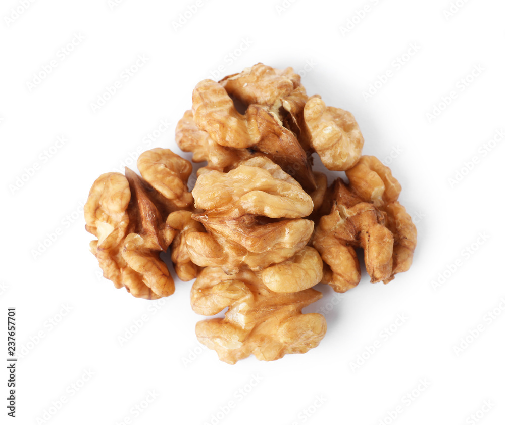 Heap of tasty walnuts on white background, top view Heap of tasty walnuts on white background, top view