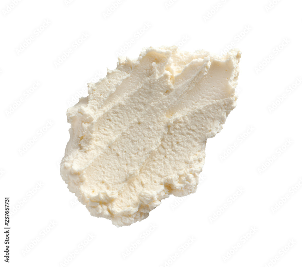 Smear of tasty cream cheese on white background, top view Smear of tasty cream cheese on white background, top view