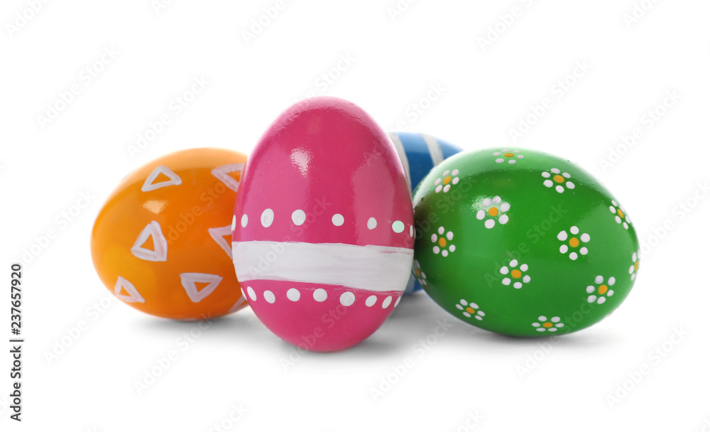 Decorated Easter eggs on white background. Festive tradition