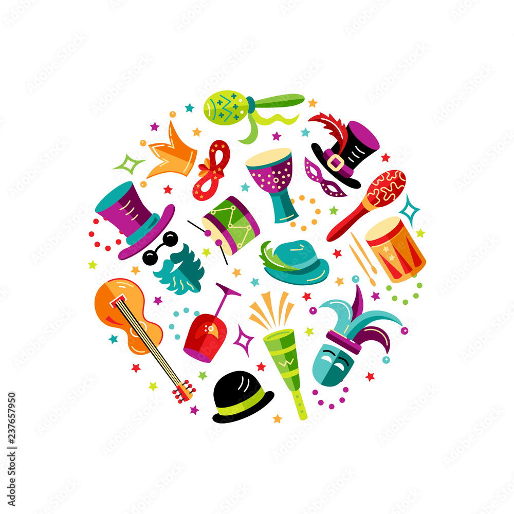 Vector illustration with carnival and celebratory objects. Design element for carnival, invitation, poster, flayer, funfair, banner. Circle concept. Vector illustration with carnival and celebratory objects. Design element for carnival, invitation, poster, flayer, funfair, banner. Circle concept.