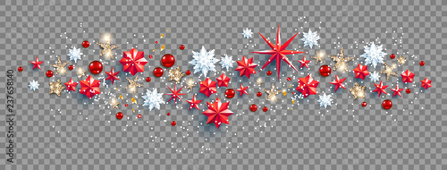 Web Banner Social Media template. Winter decoration with snowflakes, stars and balls festive luxury background