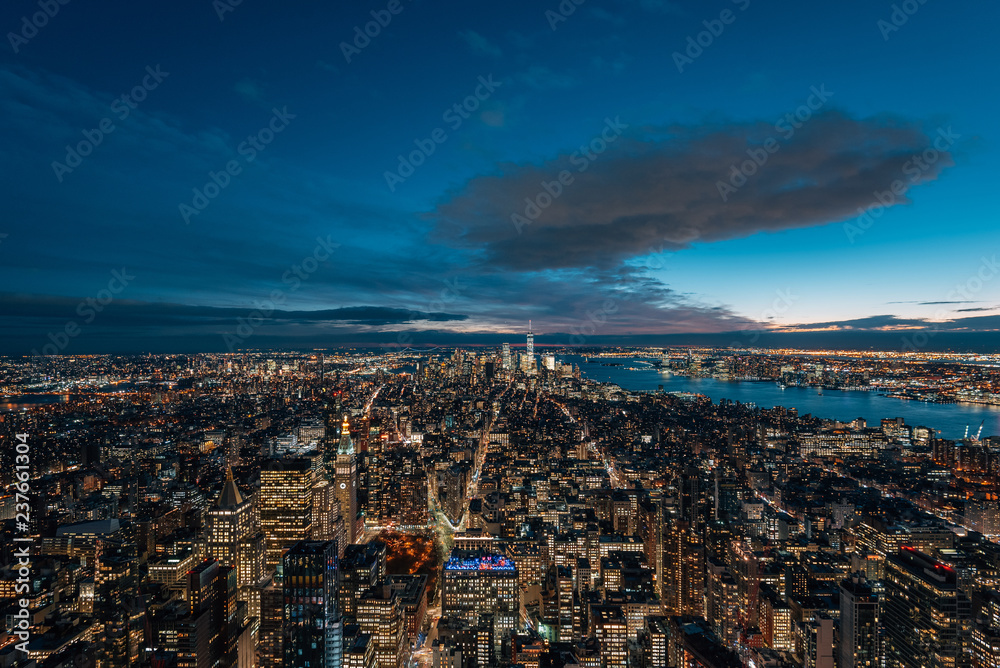 View of the Manhattan skyline at night, in New York City