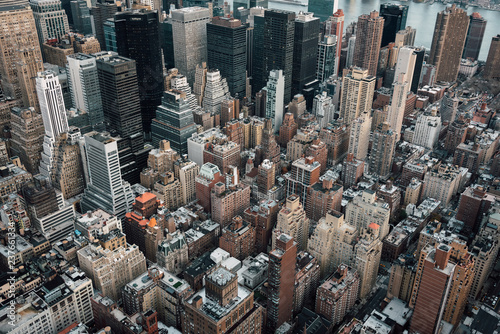A bird's eye view of buildings in Midtown Manhattan, New York City