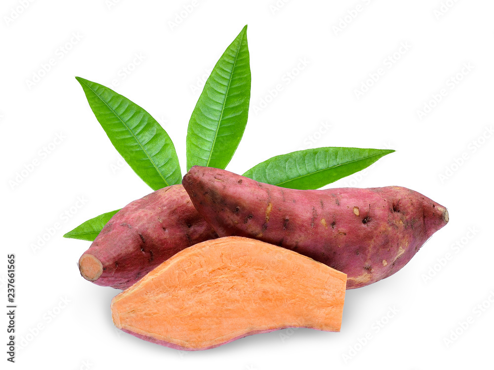 raw sweet potatoes with leaf isolated on white background raw sweet potatoes with leaf isolated on white background