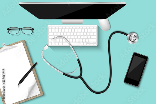 Doctor’s table desktop with personal equipment., Healthcare and occupation concept, Vector, Illustration