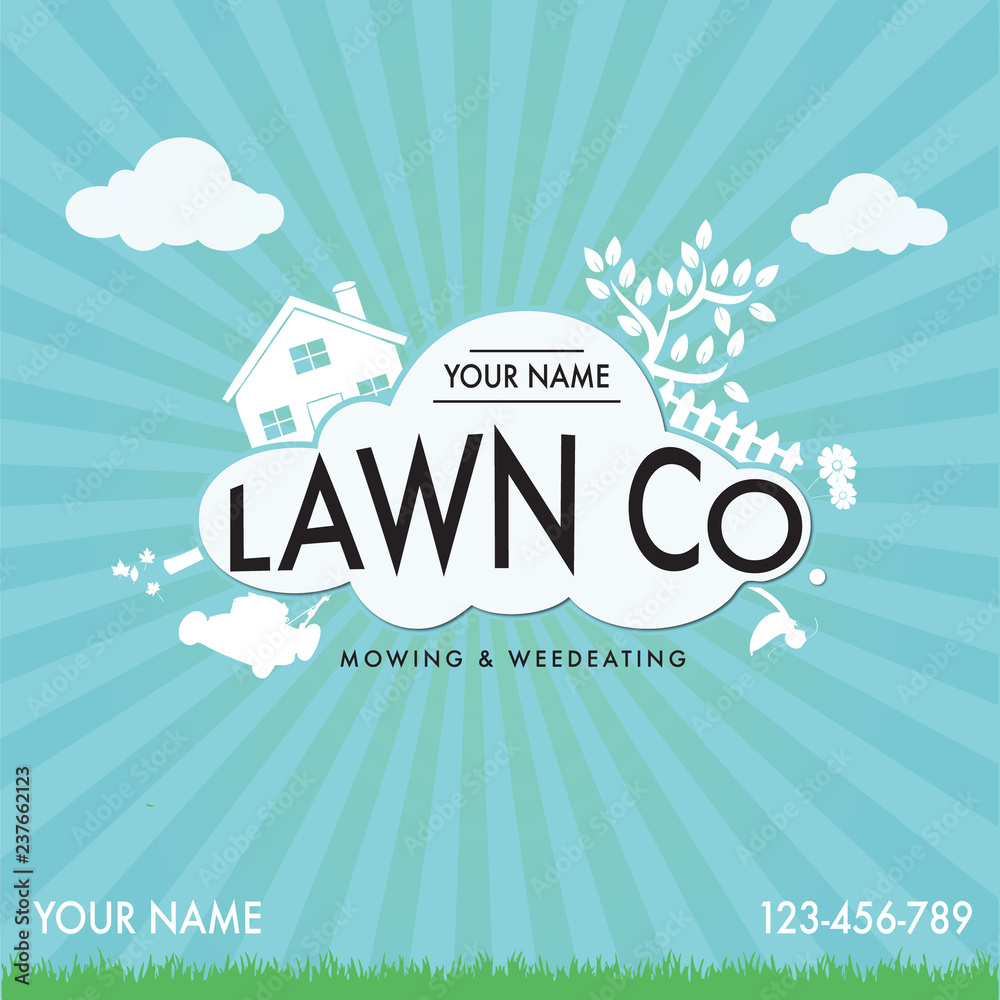 Lawn Mowing Work Business Card with Sunshine Background and Landscaping Equipment.ai