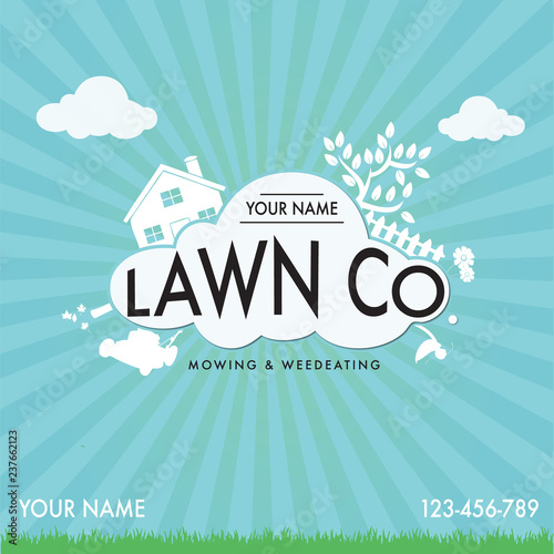 Lawn Mowing Work Business Card with Sunshine Background and Landscaping Equipment.ai photo