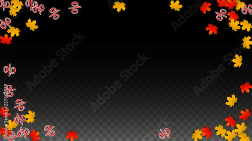 Vector Percentage Sign and Autumn Leaves Confetti on Transparent Background. Percent Sale Background. Business, Economics, Finance Print. Discount Illustration. Promotion poster. Black Friday Banner. 