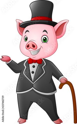 Cartoon happy pig dressed up in black tuxedo with a walking stick