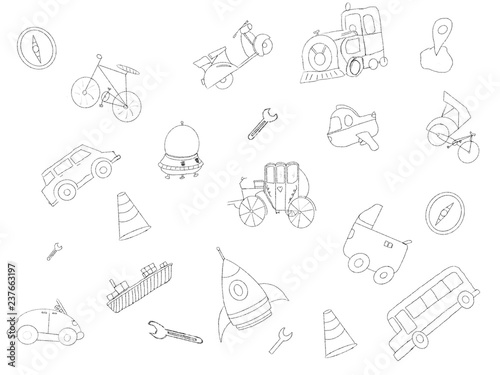 transportation hand drawn sketch doodle with various object