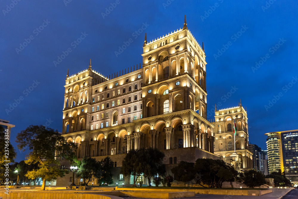 Baku, Azerbaijan - Oct 12th 2018 - The Government House of Baku in the night, also known as House of Government.