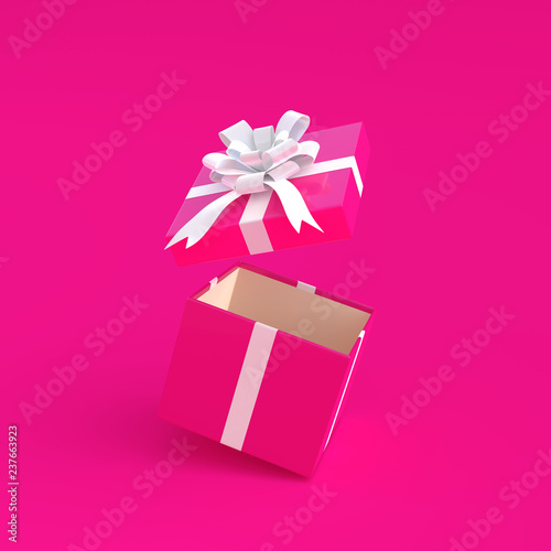 Pink open gift box on pink background minimal style