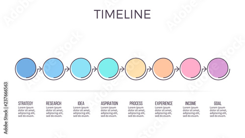 Business infographics. Timeline with 8 steps, options, circles. Vector template. Editable line.