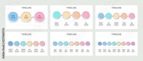 Business infographics. Timeline with 3, 4, 5, 6, 7, 8 steps, options, circles. Vector template. Editable line.