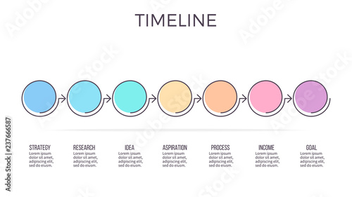Business infographics. Timeline with 7 steps, options, circles. Vector template. Editable line.