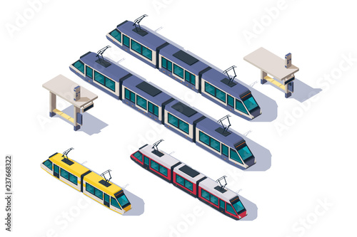 Isometric 3d set passenger tram with station elements.