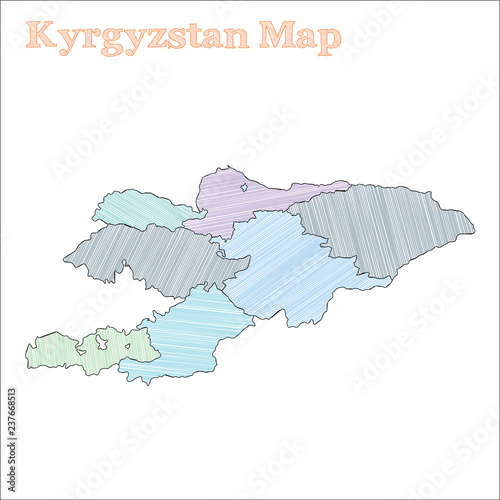 Kyrgyzstan hand-drawn map. Colorful sketchy country outline. Optimal Kyrgyzstan map with provinces. Vector illustration.