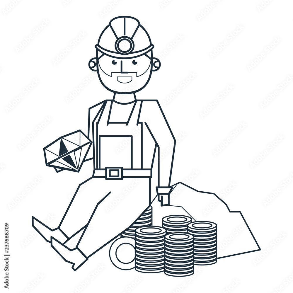 Mining and worker cartoon black and white