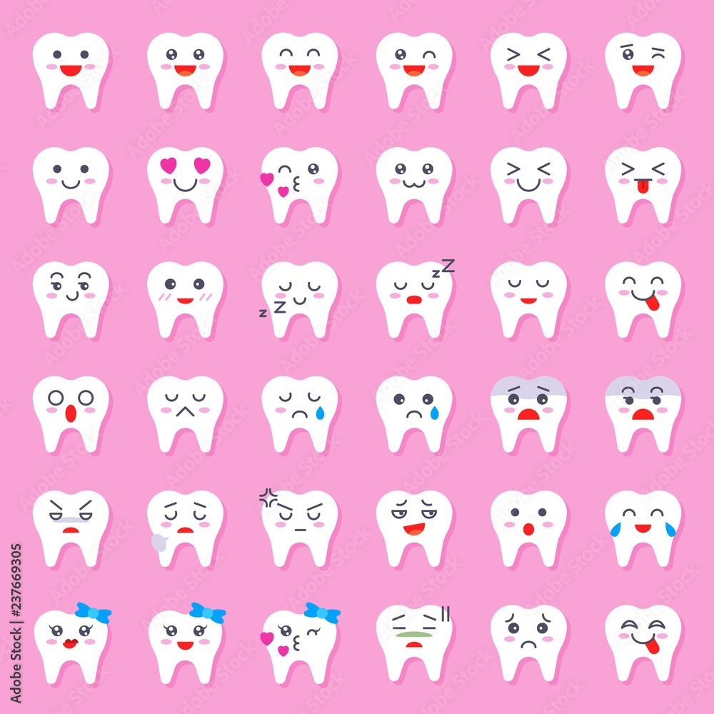 Cute tooth cartoon emoticon set, flat style