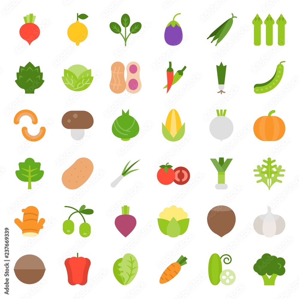Fototapeta premium Vegetable icon set, flat style vector illustration