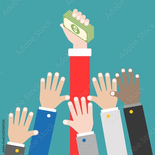 Many hands try to grab money, compete concept