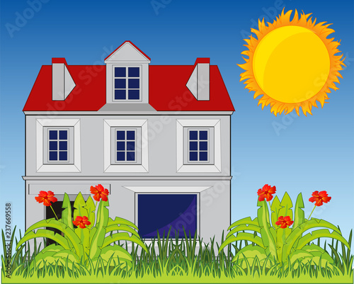 Vector illustration of the building on nature and sun