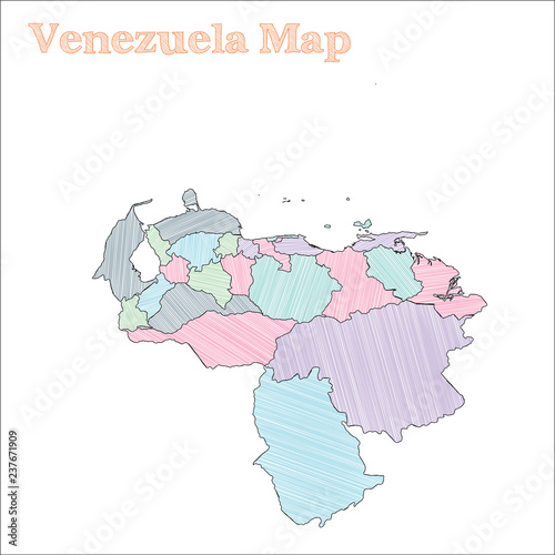 Venezuela hand-drawn map. Colorful sketchy country outline. Extra Venezuela map with provinces. Vector illustration.