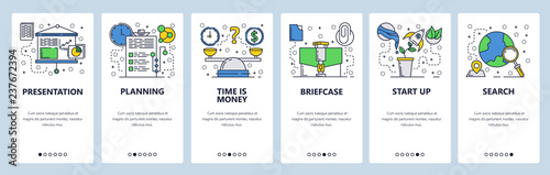 Web site onboarding screens. Business presentation and planing. Time is money concept. Menu vector banner template for website and mobile app development. Modern design linear art flat illustration.